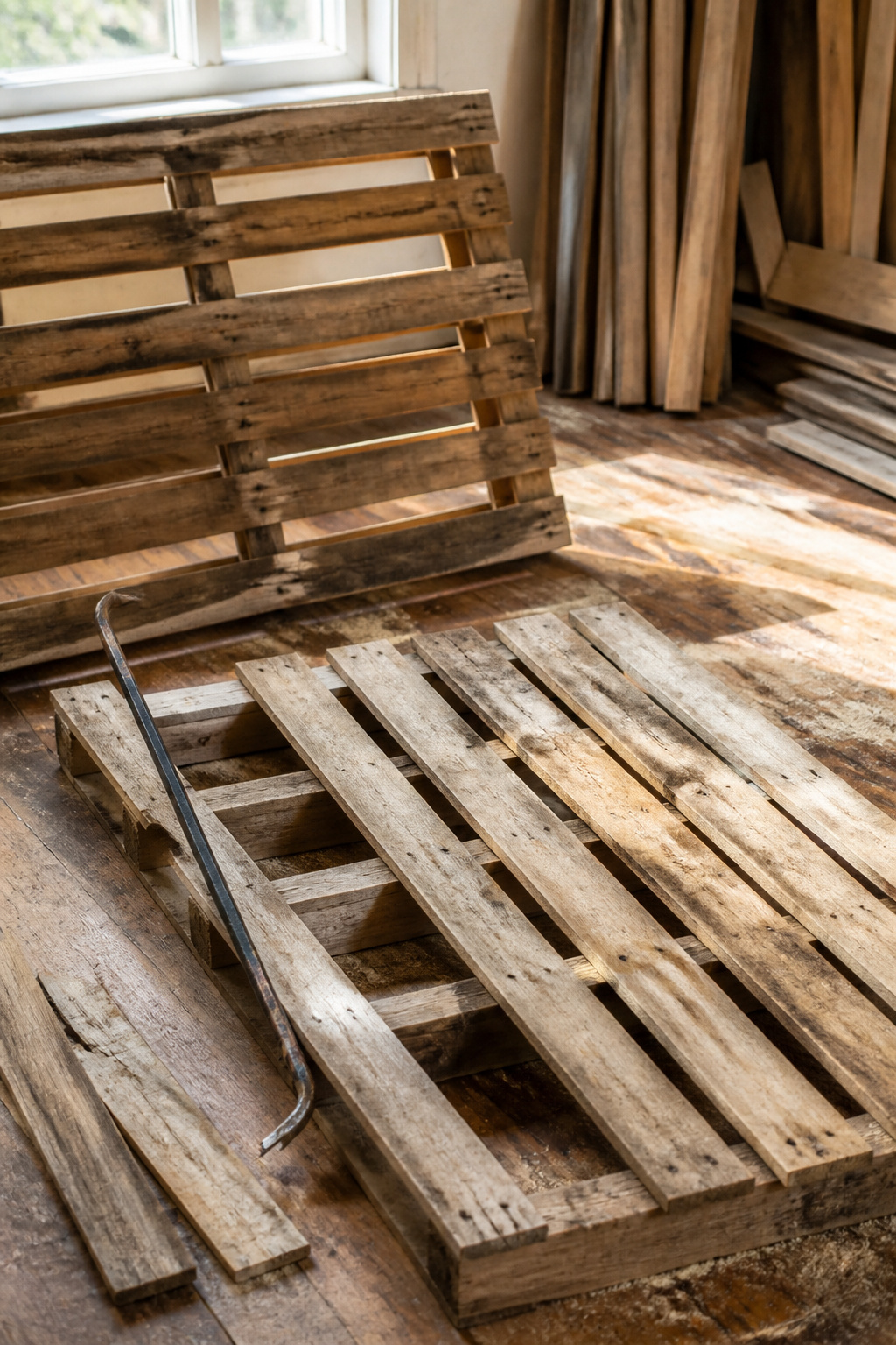 Two wooden pallets laid out on an unfinished floor with a wrecking bar.
