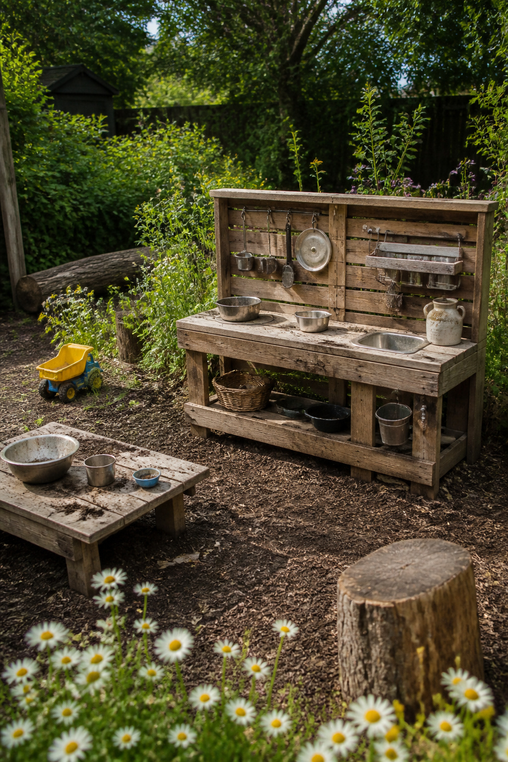 A wide shot of a mud kitchen set in a lively backyard environment.