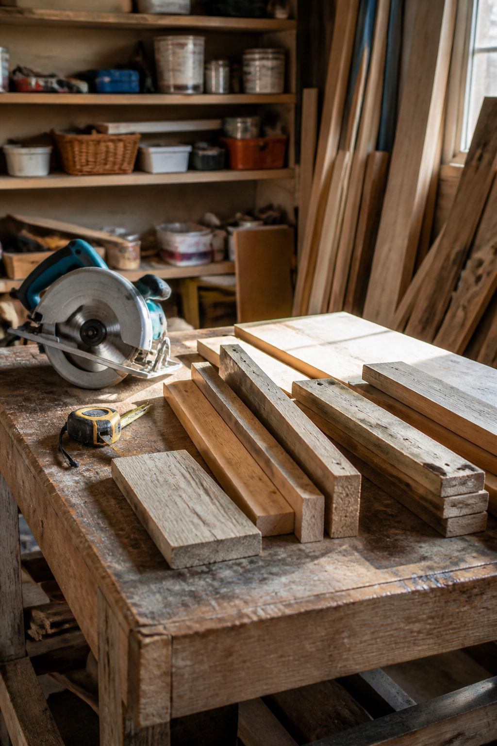 Various pieces of pallet wood and a circular saw on a workbench.