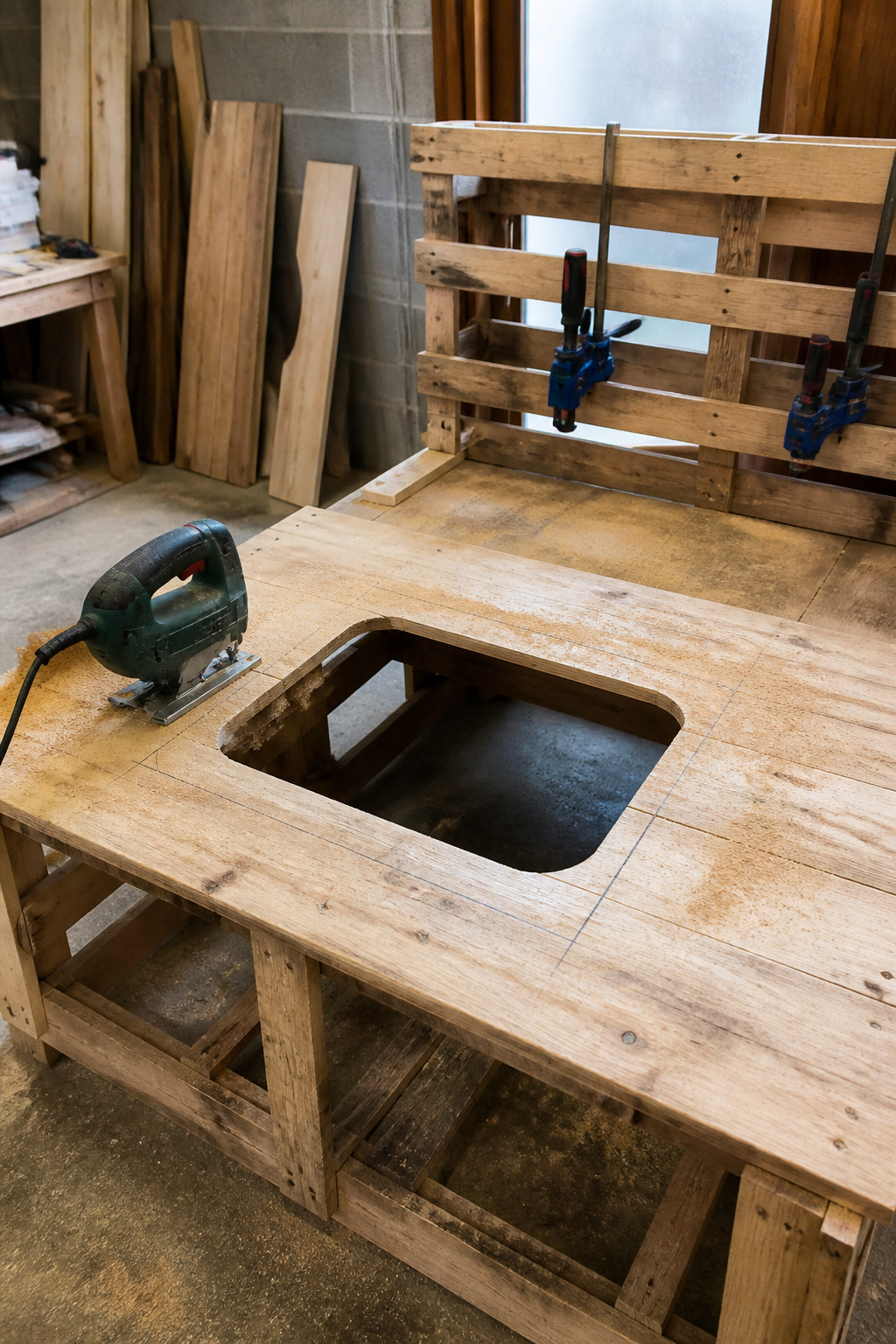 The top of a worktable with a jigsaw cutting a sink outline.