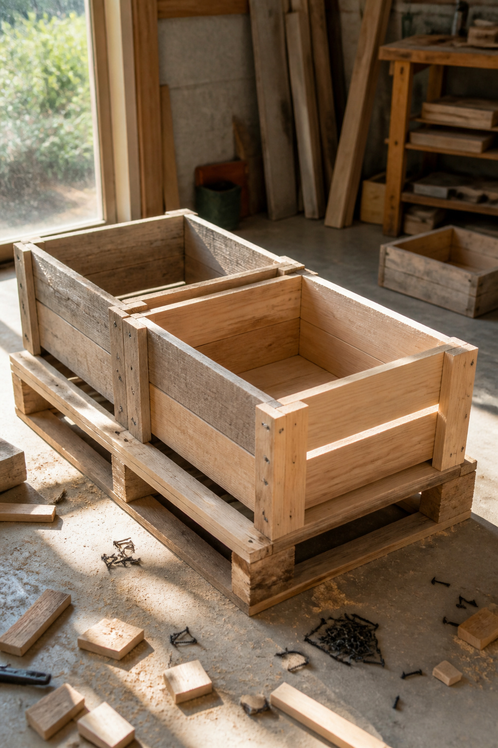 Crates attached to a pallet base, ready for frame assembly.