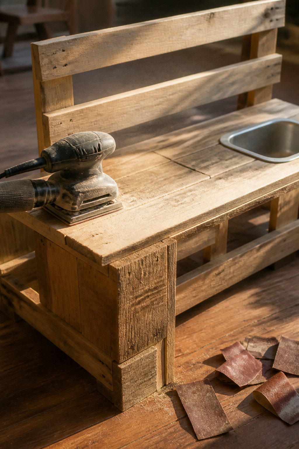 A sander gliding over the wood, surrounded by sandpaper and sawdust.