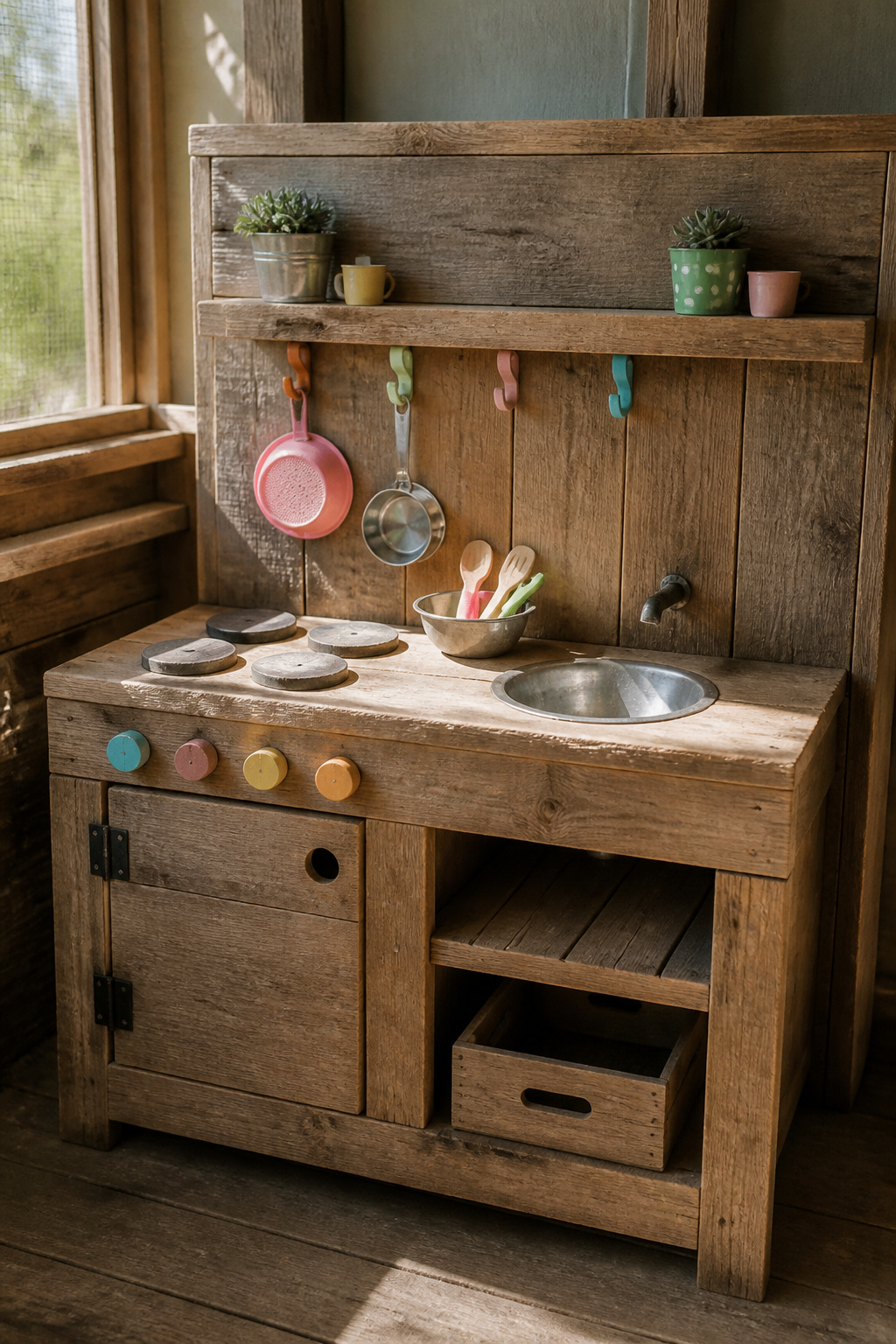 Colorful painted details on the mud kitchen with play utensils displayed.