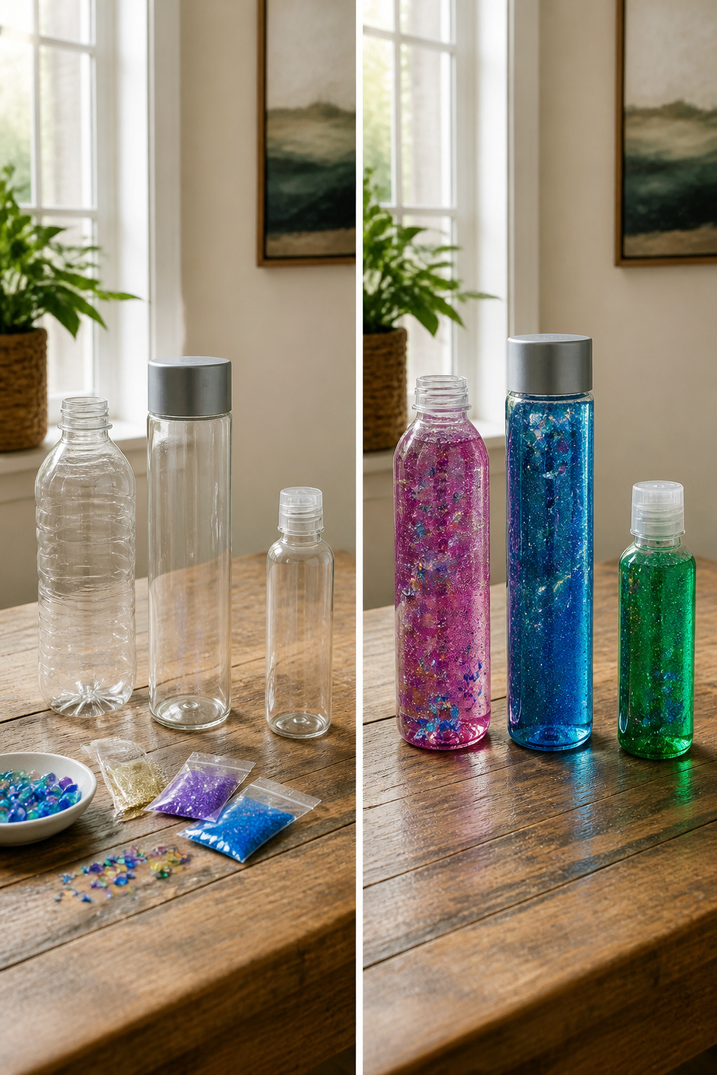 DIY Sensory Bottles: How to Make Them, Step by Step 1 A clear VOSS water bottle, showcasing its smooth sides.