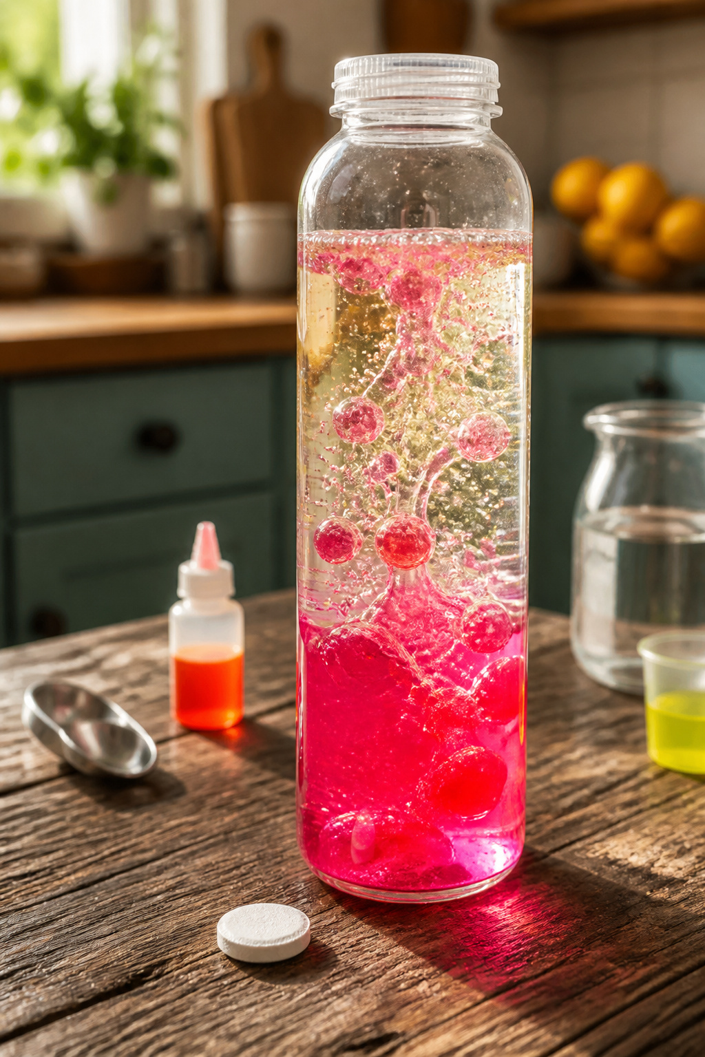 DIY Sensory Bottles: How to Make Them, Step by Step 10 A bottle filled with baby oil and colored water creating layers.