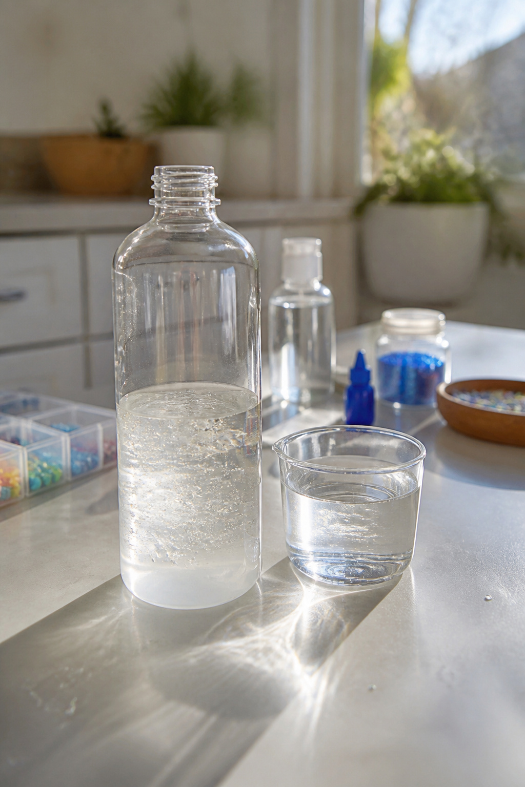 DIY Sensory Bottles: How to Make Them, Step by Step 3 A bottle filled with clear glue and water on a kitchen counter.