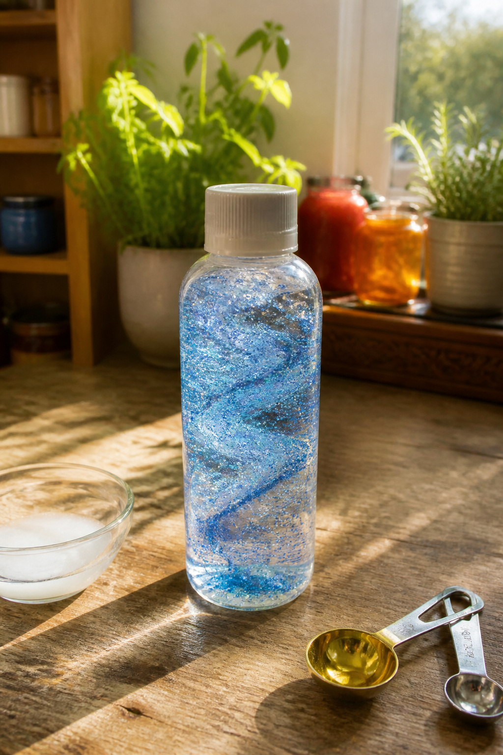 DIY Sensory Bottles: How to Make Them, Step by Step 6 A clear bottle with swirling glitter inside after being shaken.