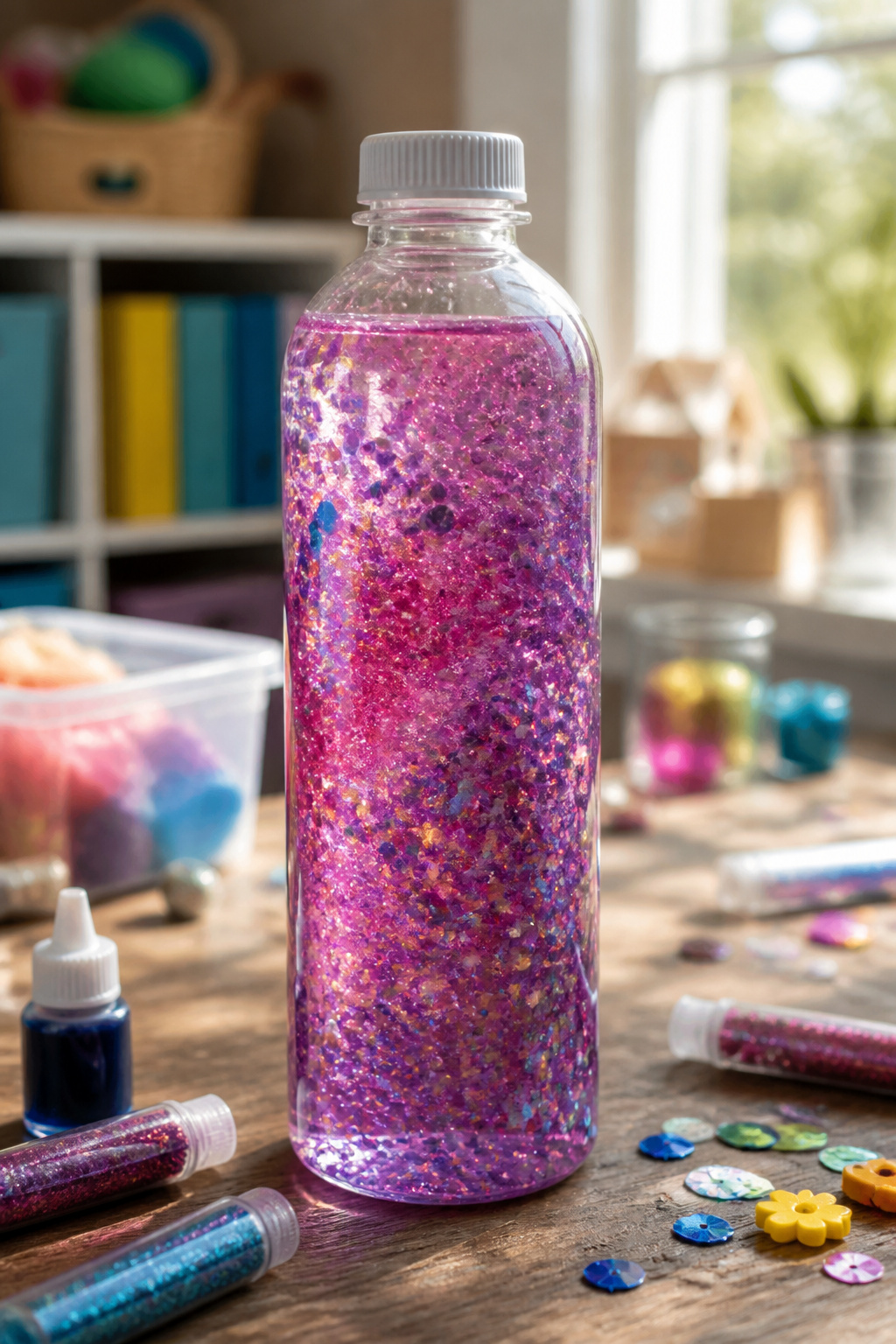 DIY Sensory Bottles: How to Make Them, Step by Step 7 A glitter bottle filled with clear glue and glitter on a table.