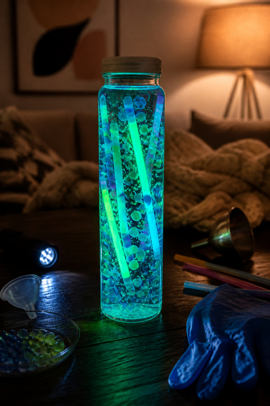 DIY Sensory Bottles: How to Make Them, Step by Step 9 A glow stick placed inside a dark bottle for glowing effects.
