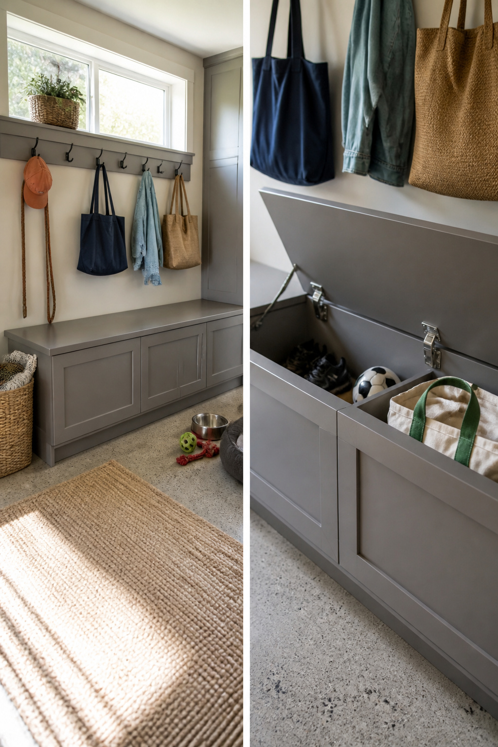 Garage Drop Zone: How to Plan and Build the Right Setup 6 A storage bench with a hinged lid in a garage drop zone.