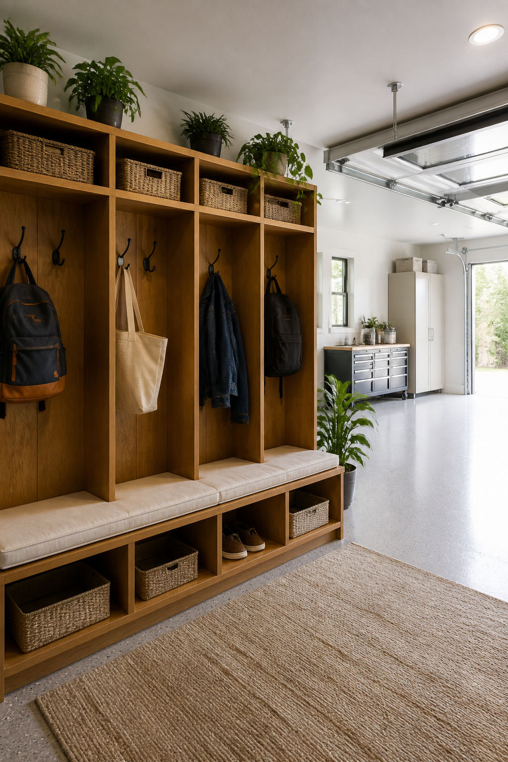Garage Drop Zone: How to Plan and Build the Right Setup 7 A spacious drop zone with labeled cubbies and hooks for each family member.