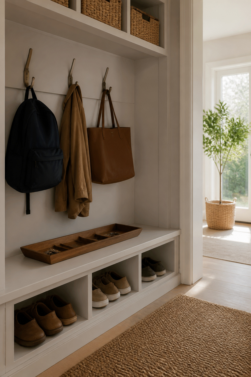 What Is a Drop Zone in a House? 6 Practical Ideas for 2026 5 Modern hooks and cubbies for bags and shoes in a drop zone.