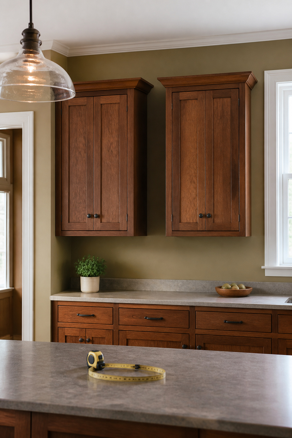 Kitchen showing upper cabinets against an 8-foot ceiling with a gap above.