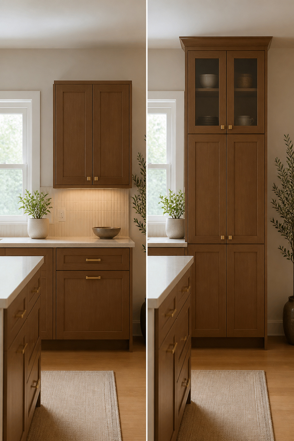 Two-door stacked cabinets installed in a kitchen with high ceilings.