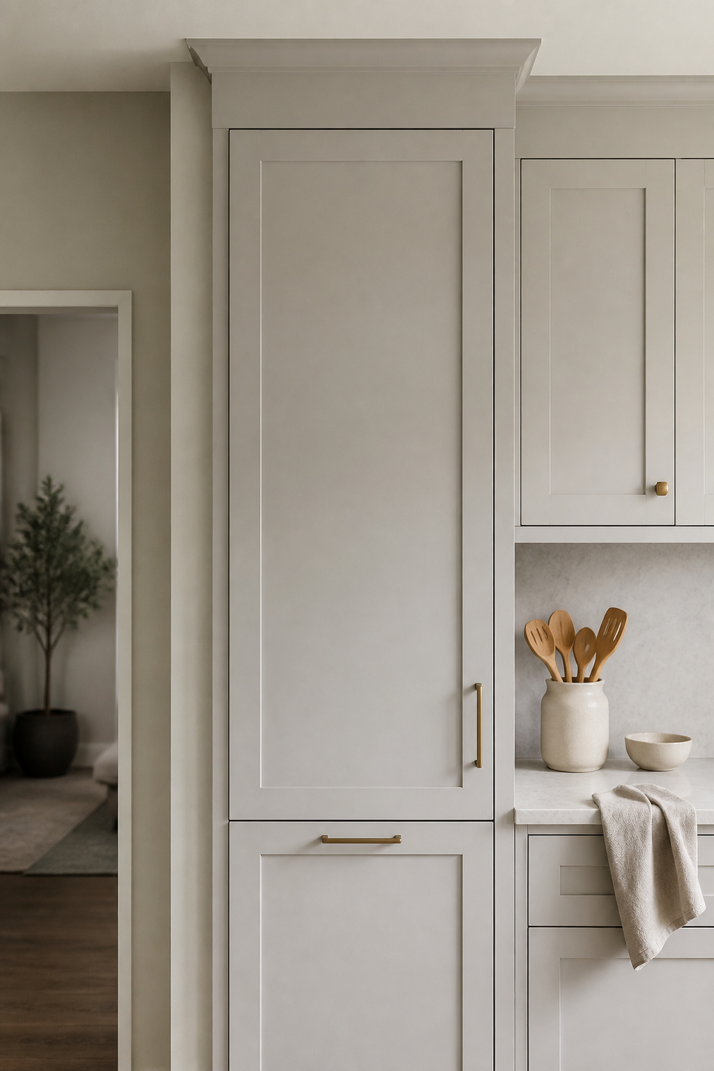 Single tall cabinet door extending above existing cabinetry.