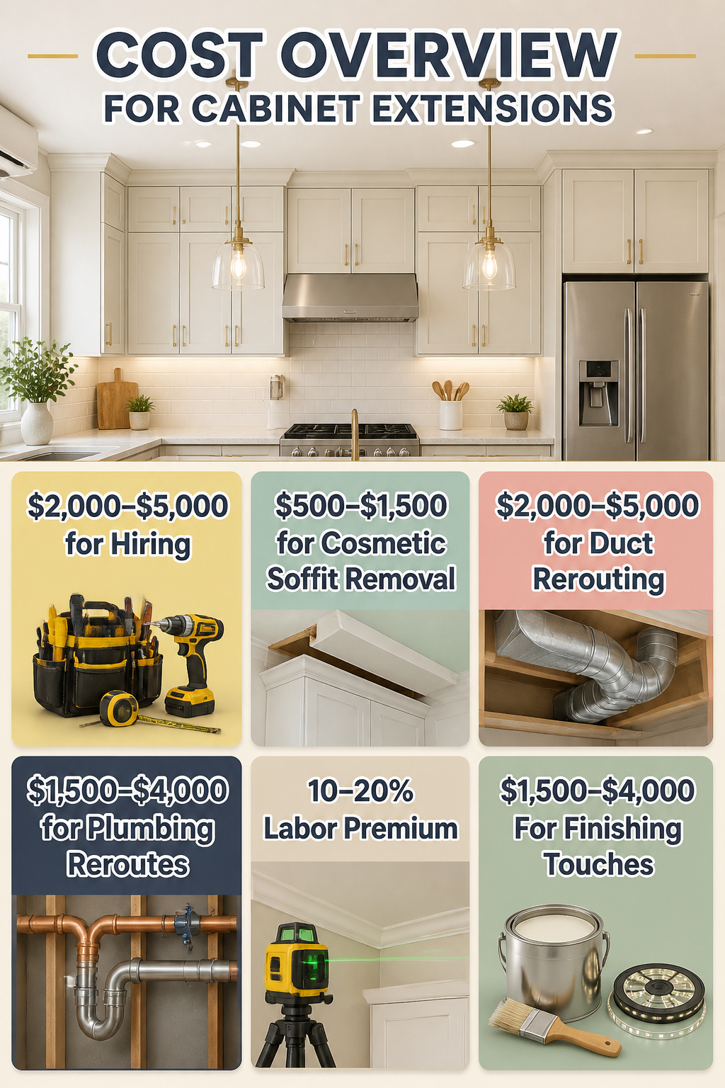 Cost overview for extending kitchen cabinets to the ceiling.