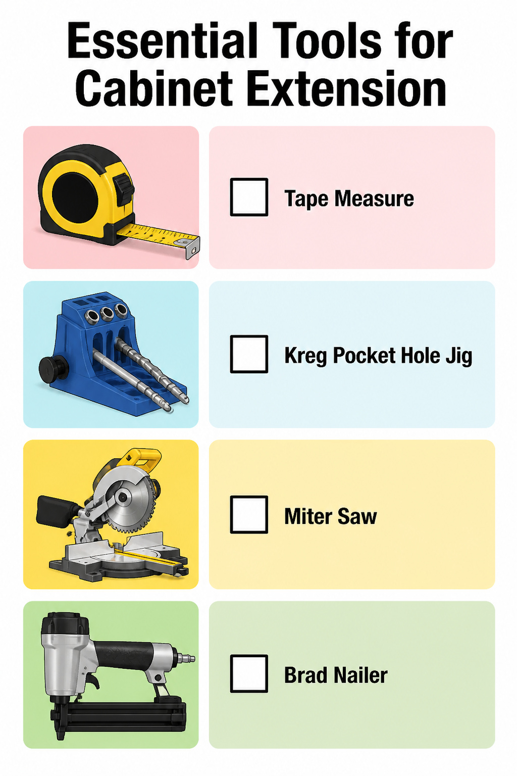 Tools needed for extending kitchen cabinets displayed on a workbench.