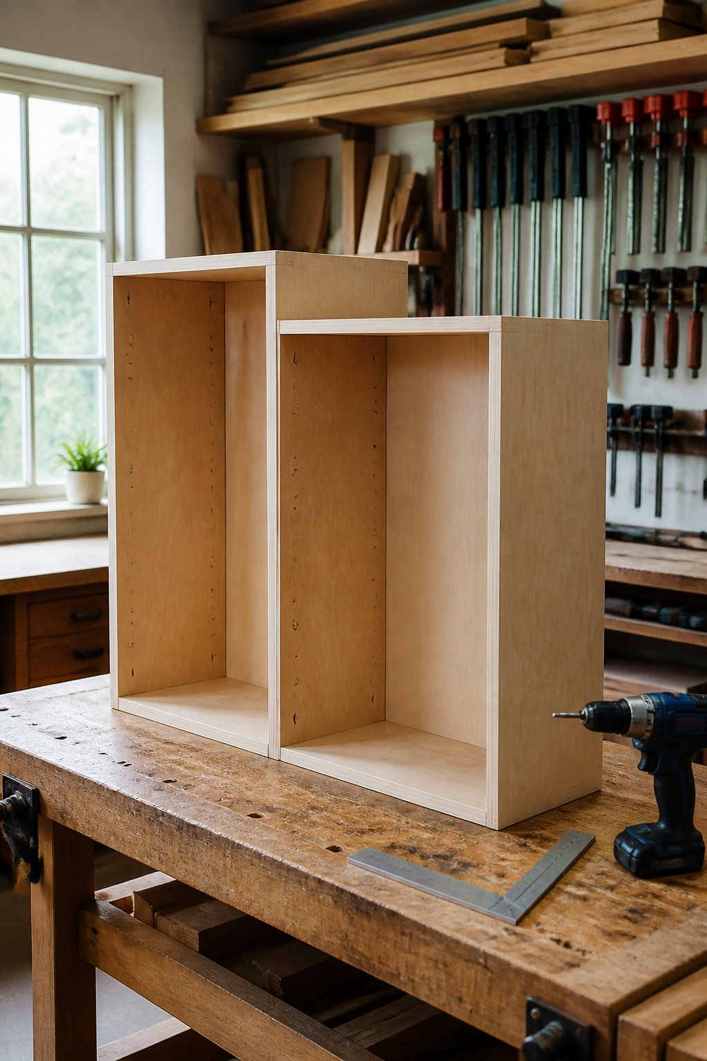 Partially constructed extension boxes on a workbench in a workshop.