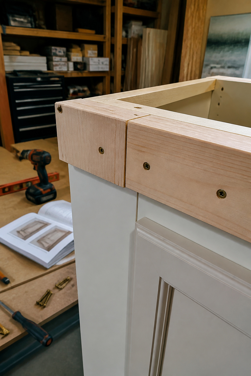 2x2 blocking assembly flush against the tops of kitchen cabinets.