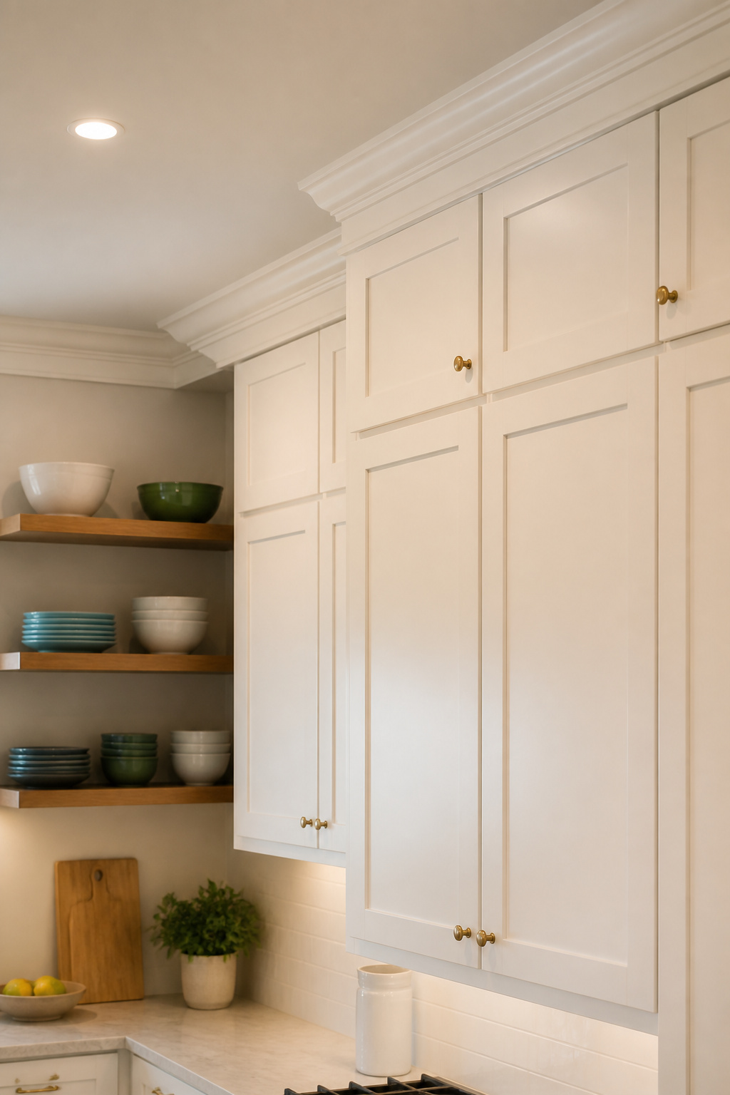 Primed MDF crown molding installed atop kitchen cabinetry.