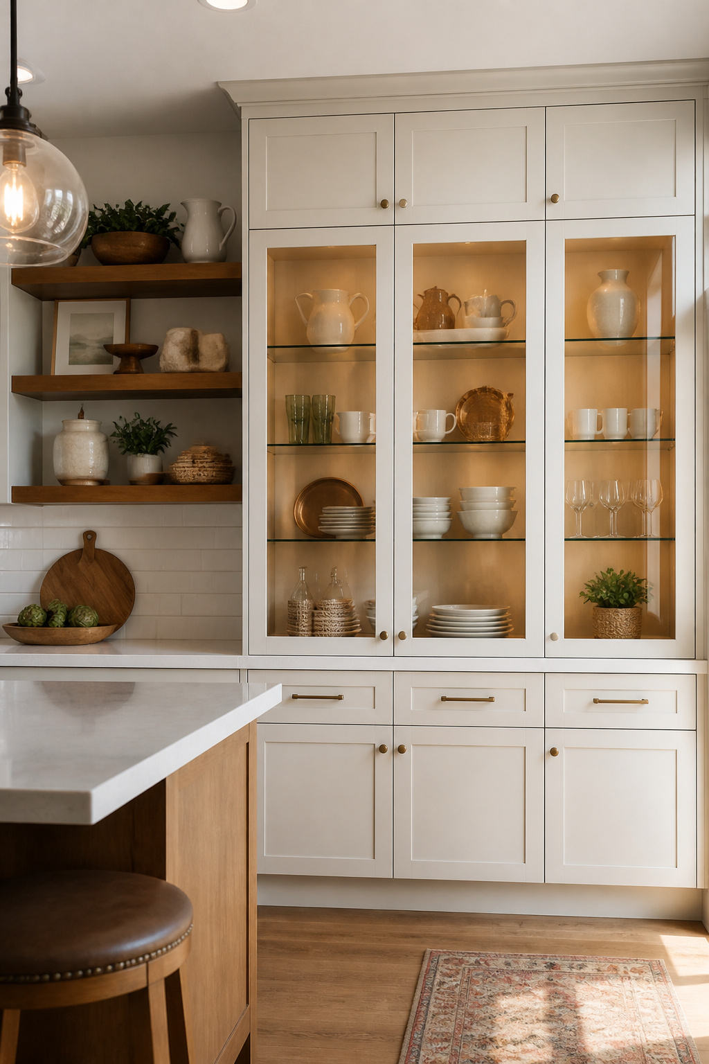 Glass front cabinets displaying dishware in a kitchen setting.