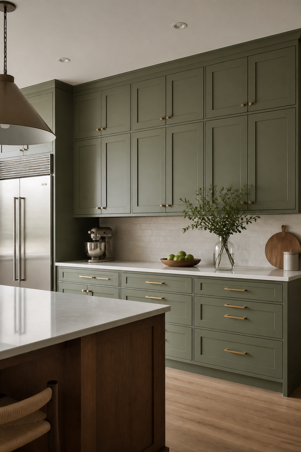 Row of closed cabinet extensions meeting the ceiling in a kitchen.