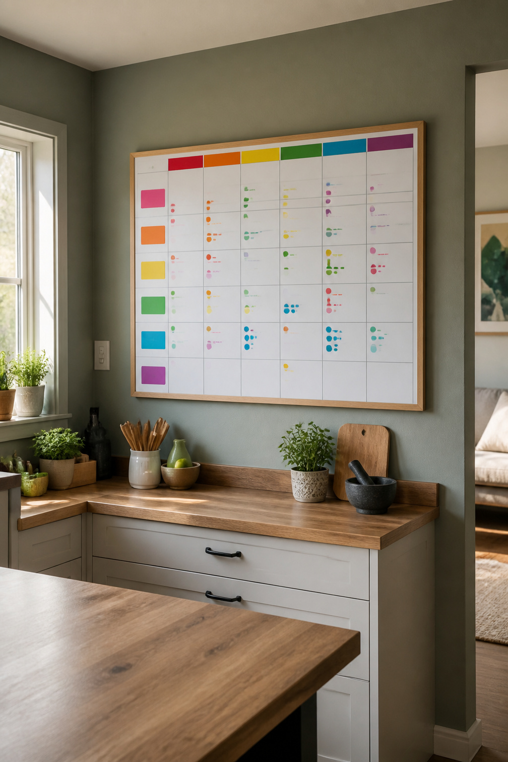 A colorful dry erase board calendar with entries for each family member.
