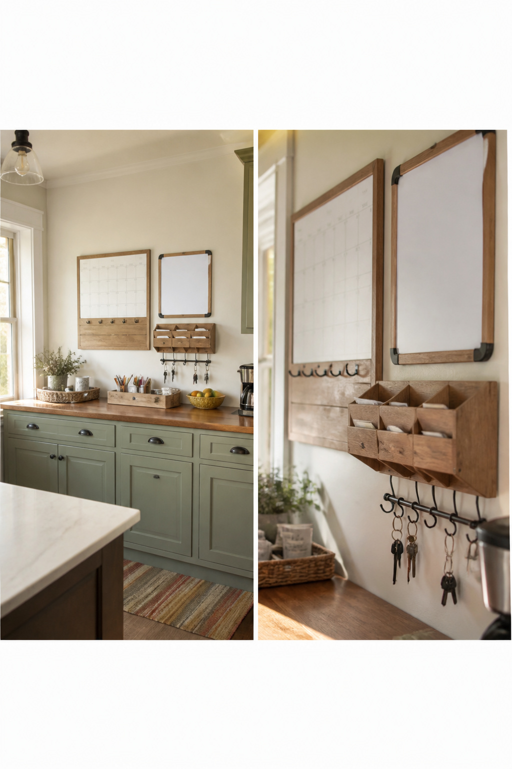 A compact family command center with a calendar, mail slot, and reminders.