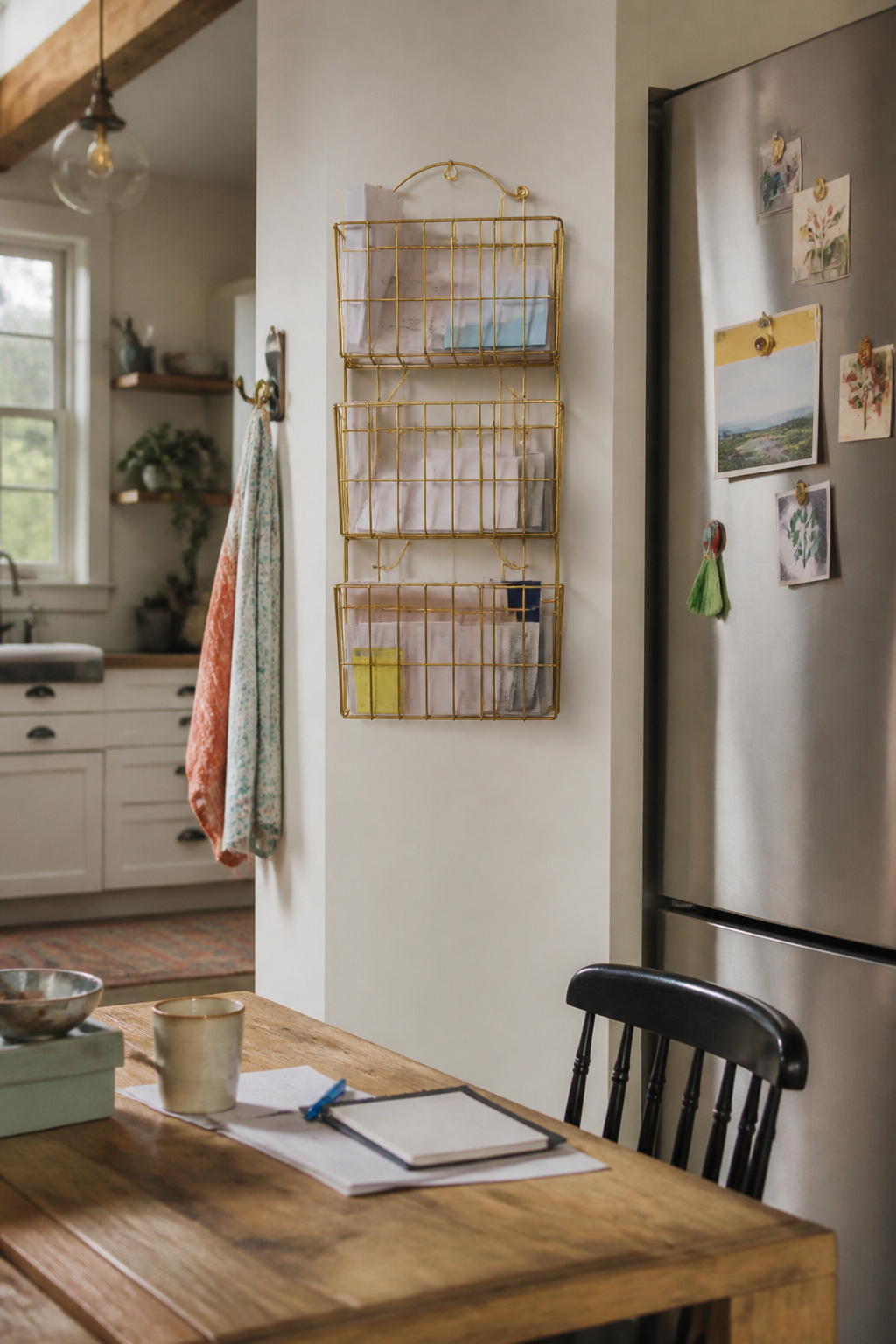 A wire mail organizer with adjustable baskets holding sorted mail and papers.