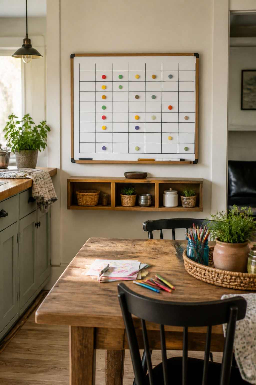 A magnetic chore chart with colored magnets representing tasks for family members.