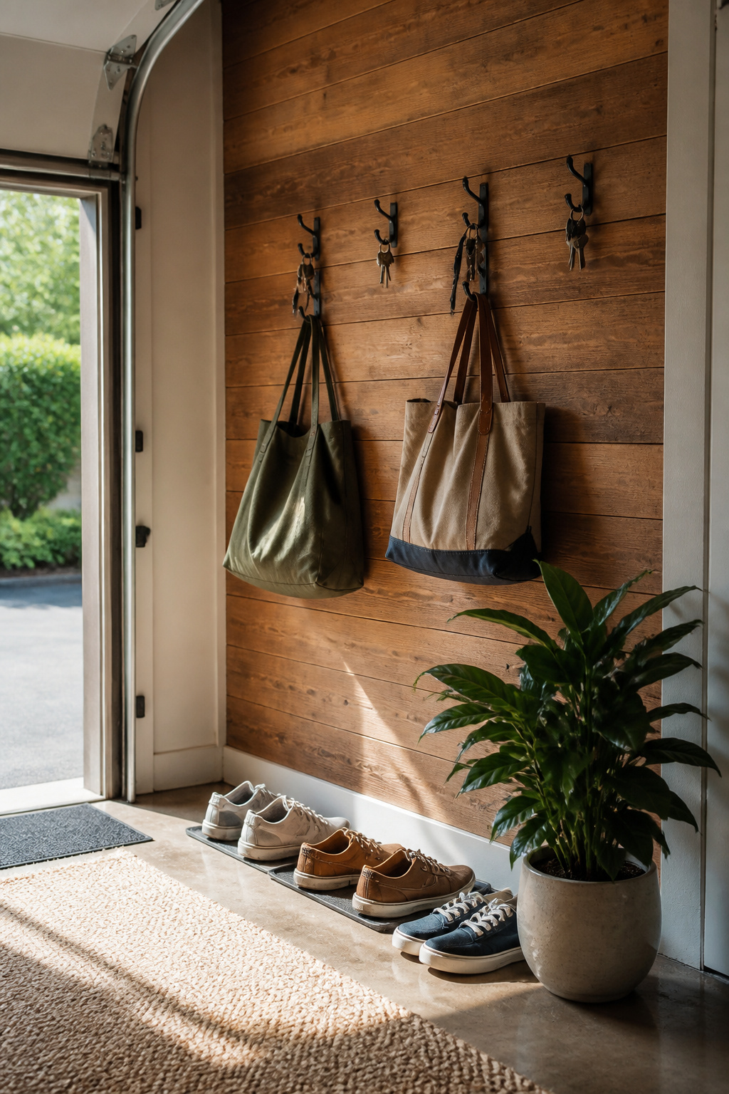 A rail system with hooks for bags and keys, set against a rustic wood backdrop.