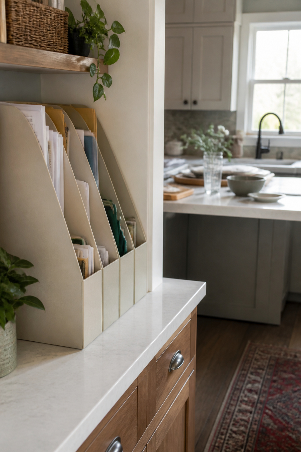 A magazine file organizer with labeled slots for various family documents.