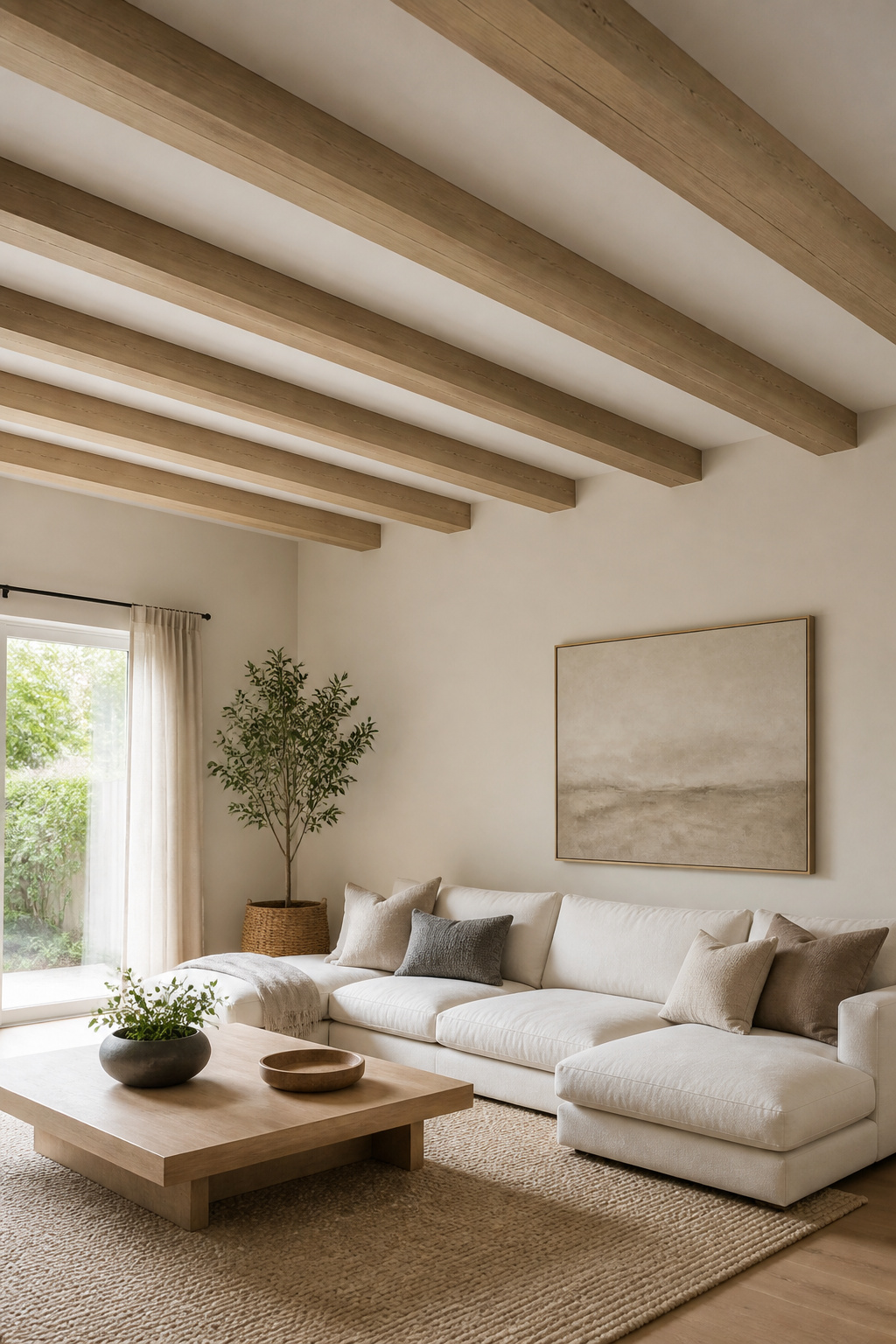 Faux Wood Beam Styles, Materials and Installation Guide 2026 1 Hollow faux wood beams are installed parallel to the ceiling in a living room.