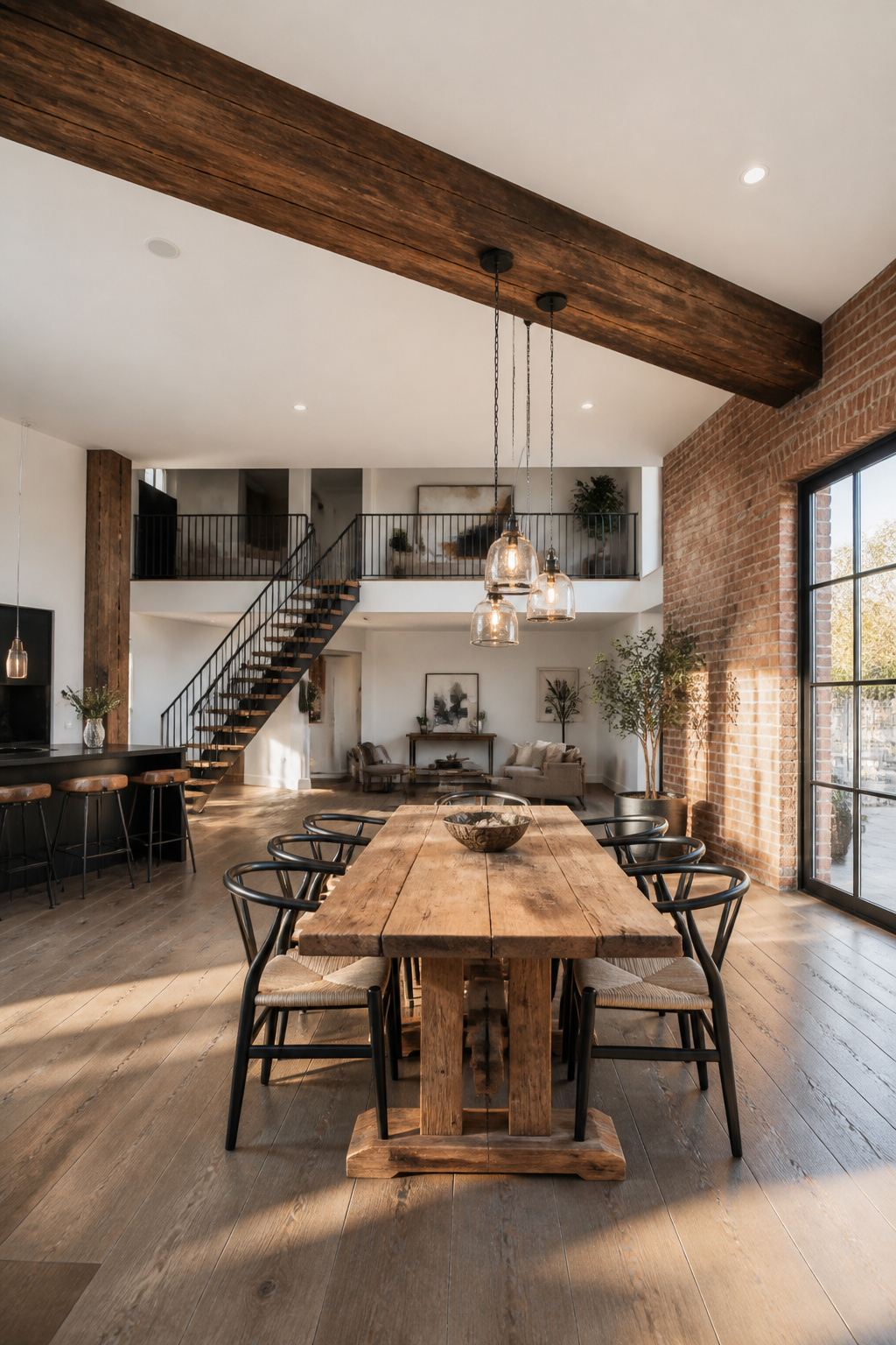 Faux Wood Beam Styles, Materials and Installation Guide 2026 2 A solid faux wood beam with deep grain runs across a dining room ceiling.