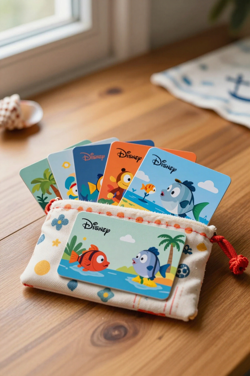A photo showing Disney gift cards in a fish extender pouch.