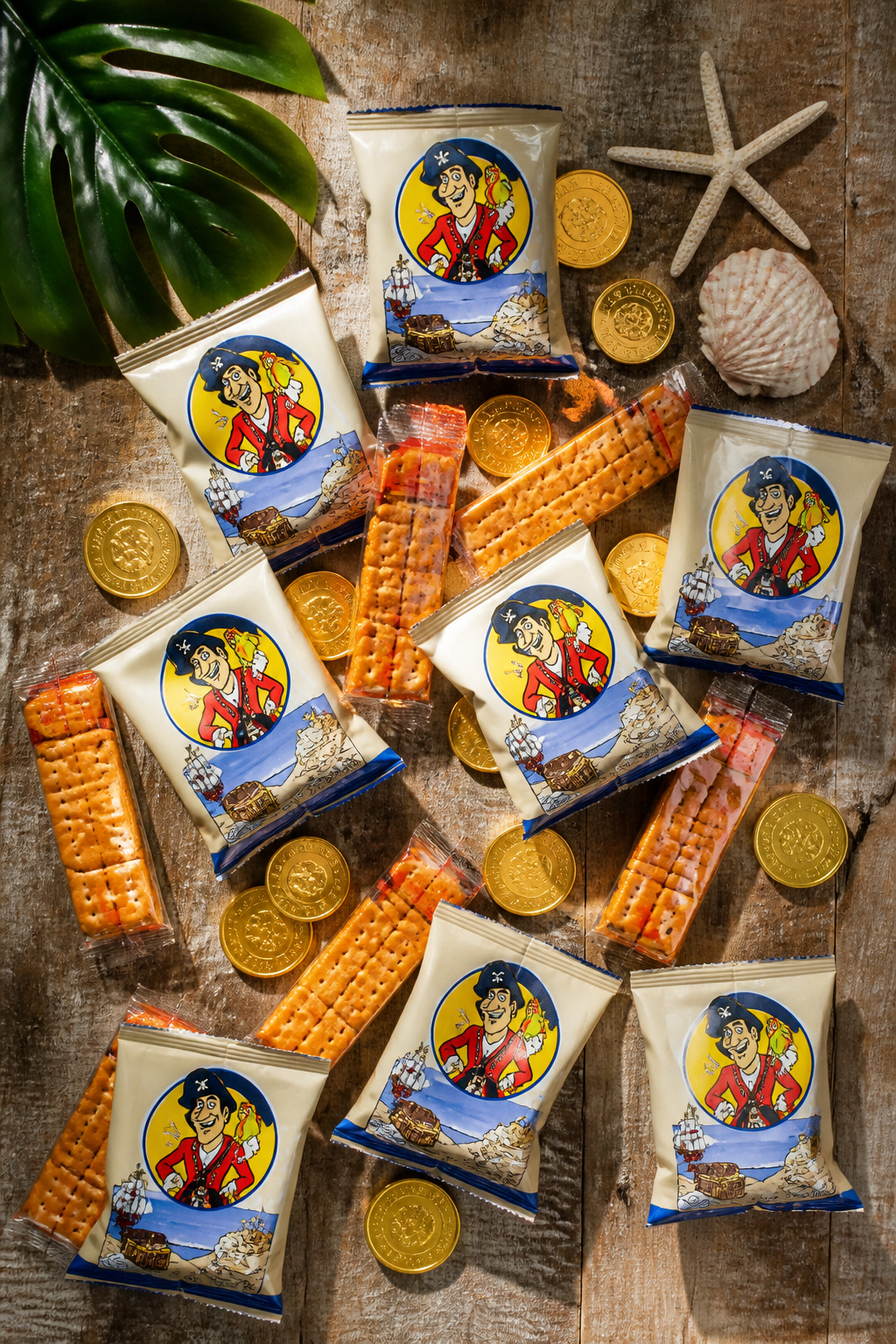 Assorted packable snacks, including Pirate's Booty and chocolate coins.