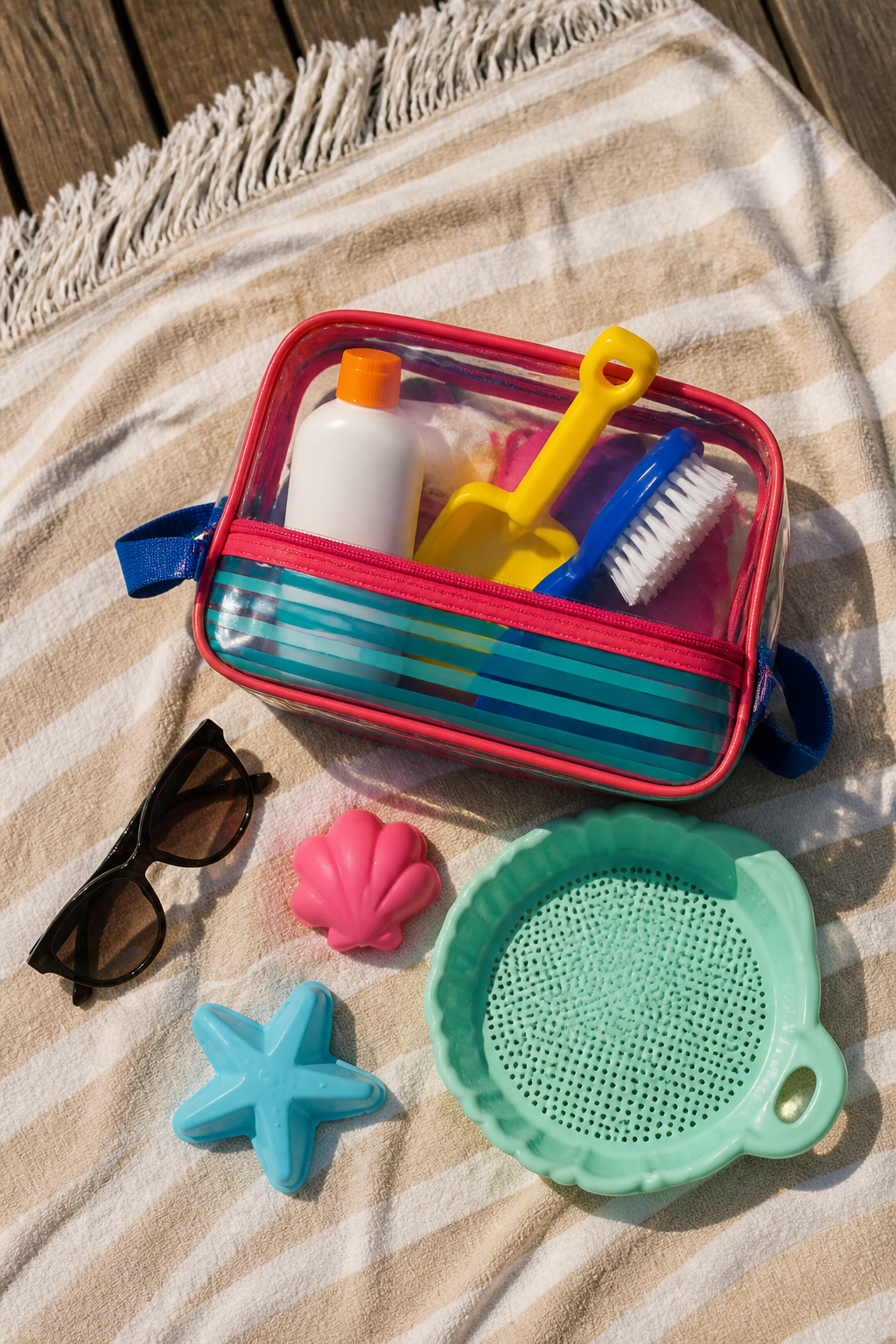 A compact beach kit with sunscreen and a small shovel.