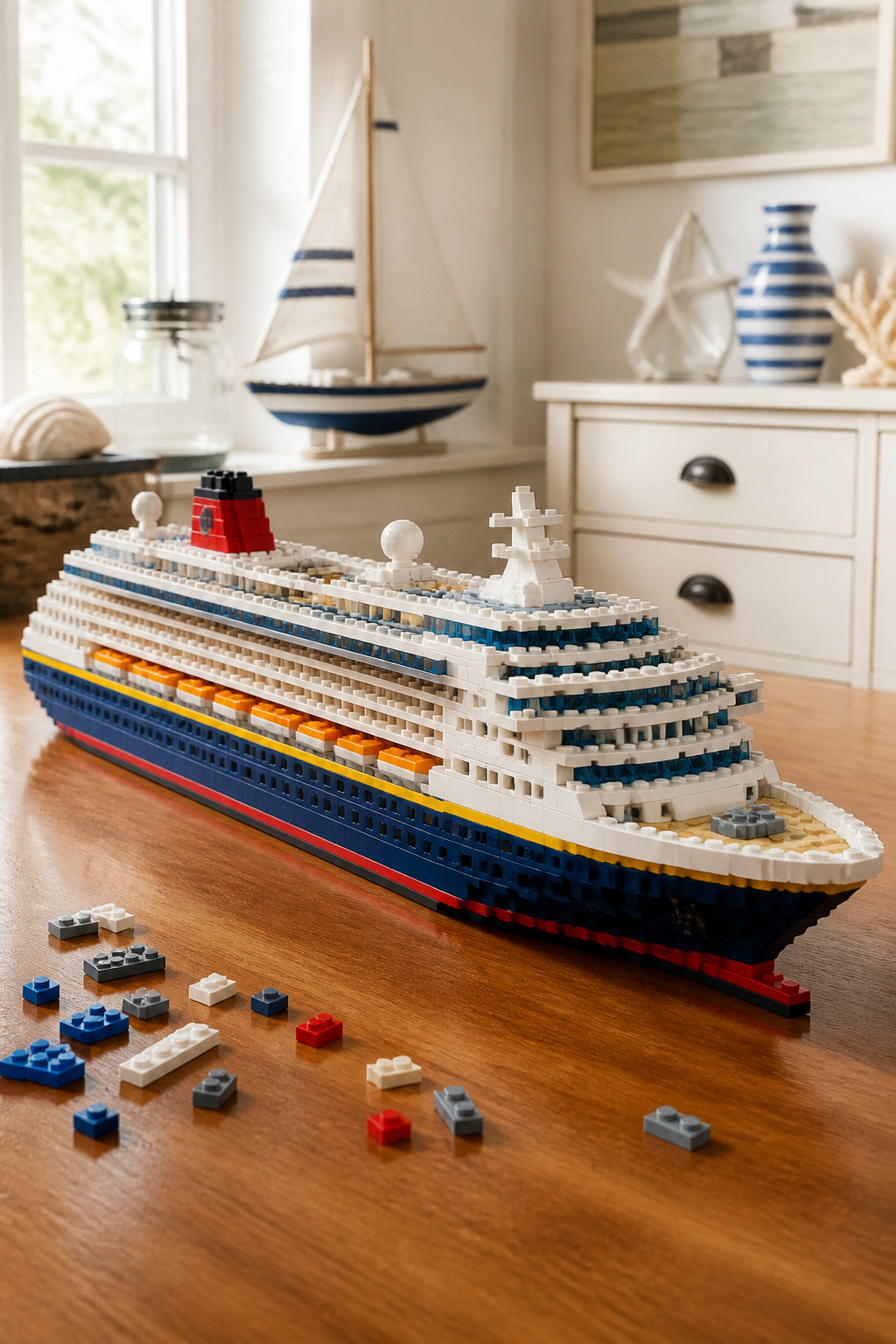A mini LEGO cruise ship ready to be built and displayed.