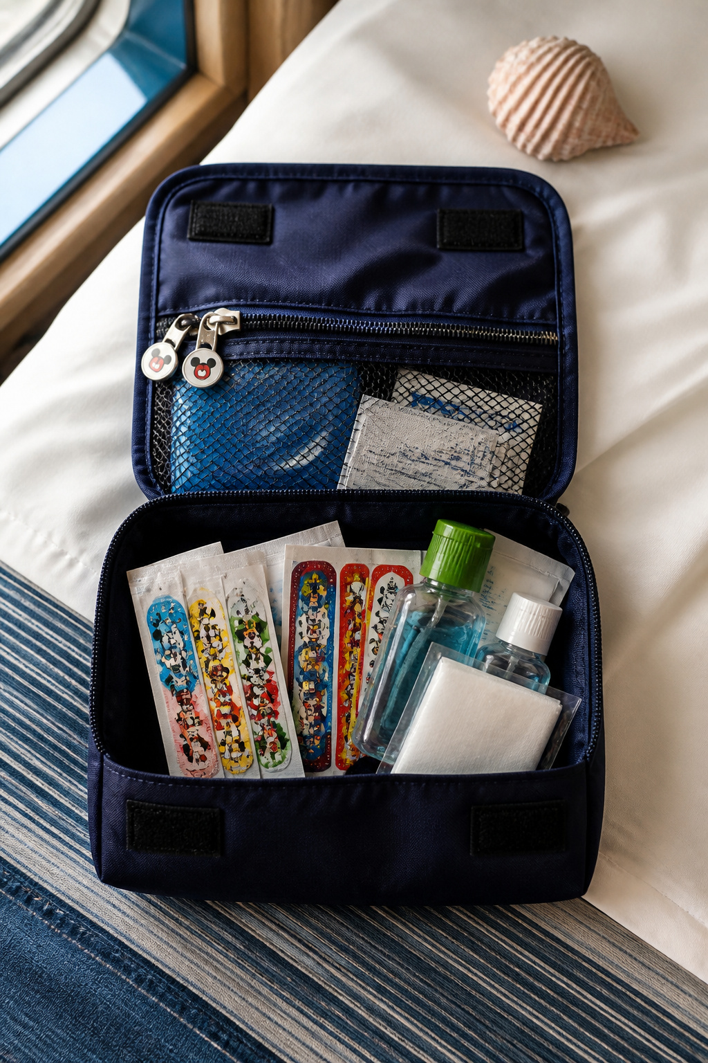 A first aid kit filled with travel-sized items and Disney-themed Band-Aids.