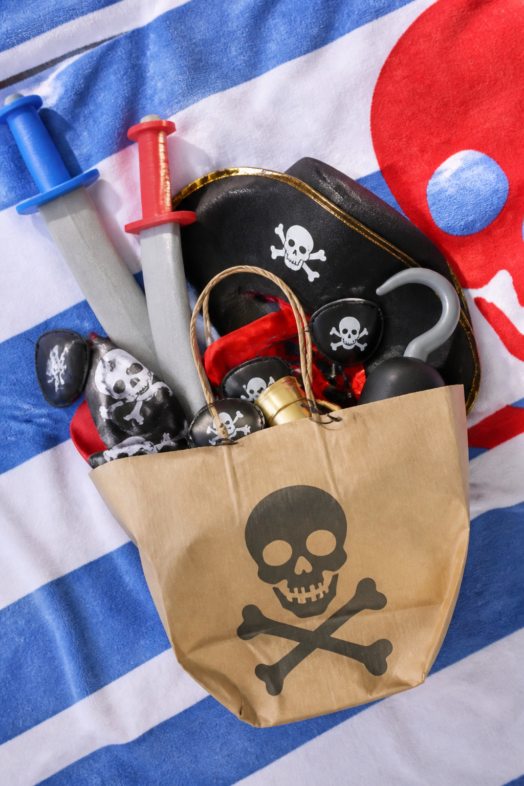 Eye patches, swords, and hats prepared for Pirate Night.