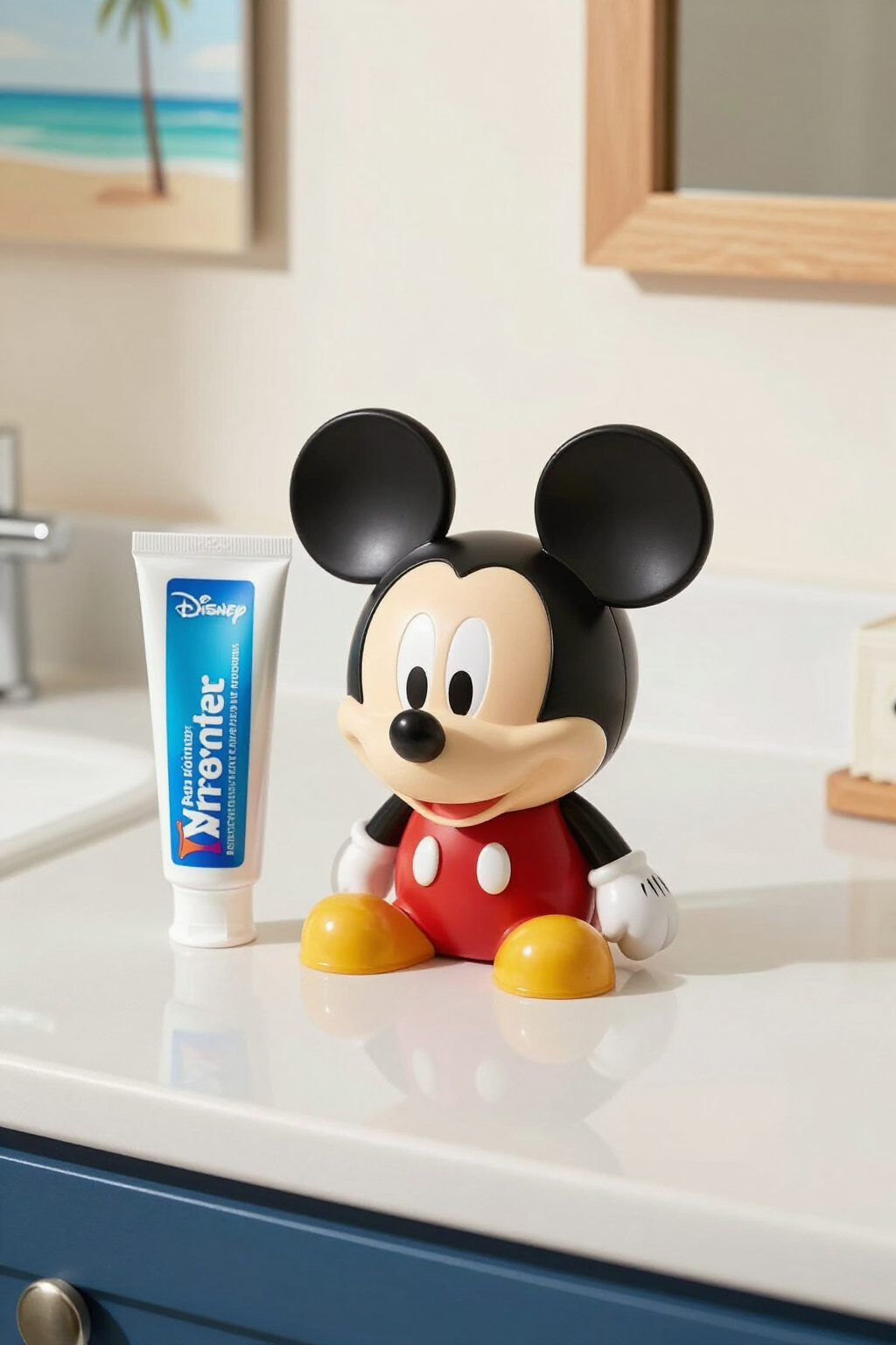 Mickey-shaped toothbrush holders designed for easy bathroom storage.