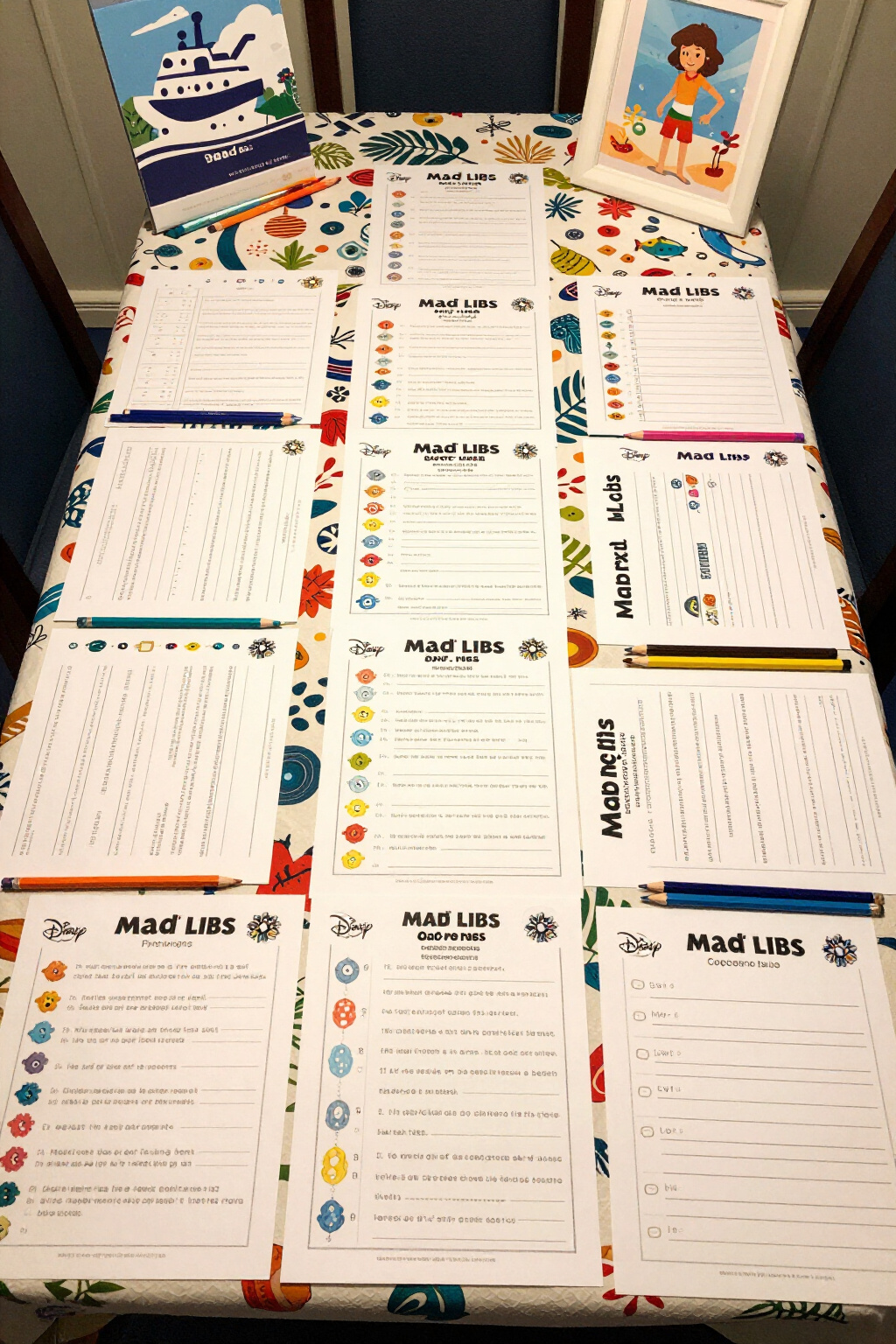 Printed Disney-themed Mad Libs ready for family entertainment.