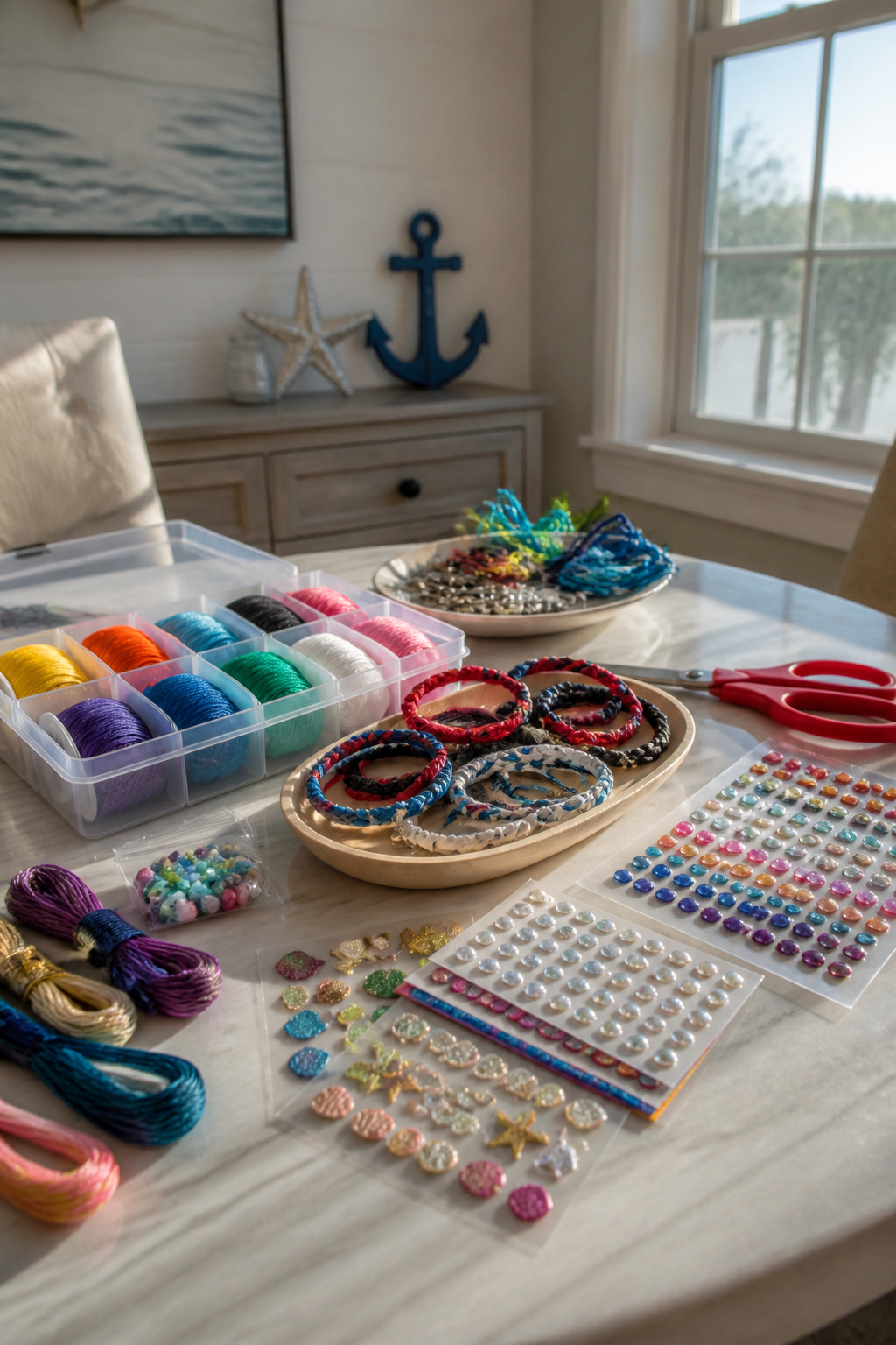Colorful craft supplies spread out for making DIY gifts.