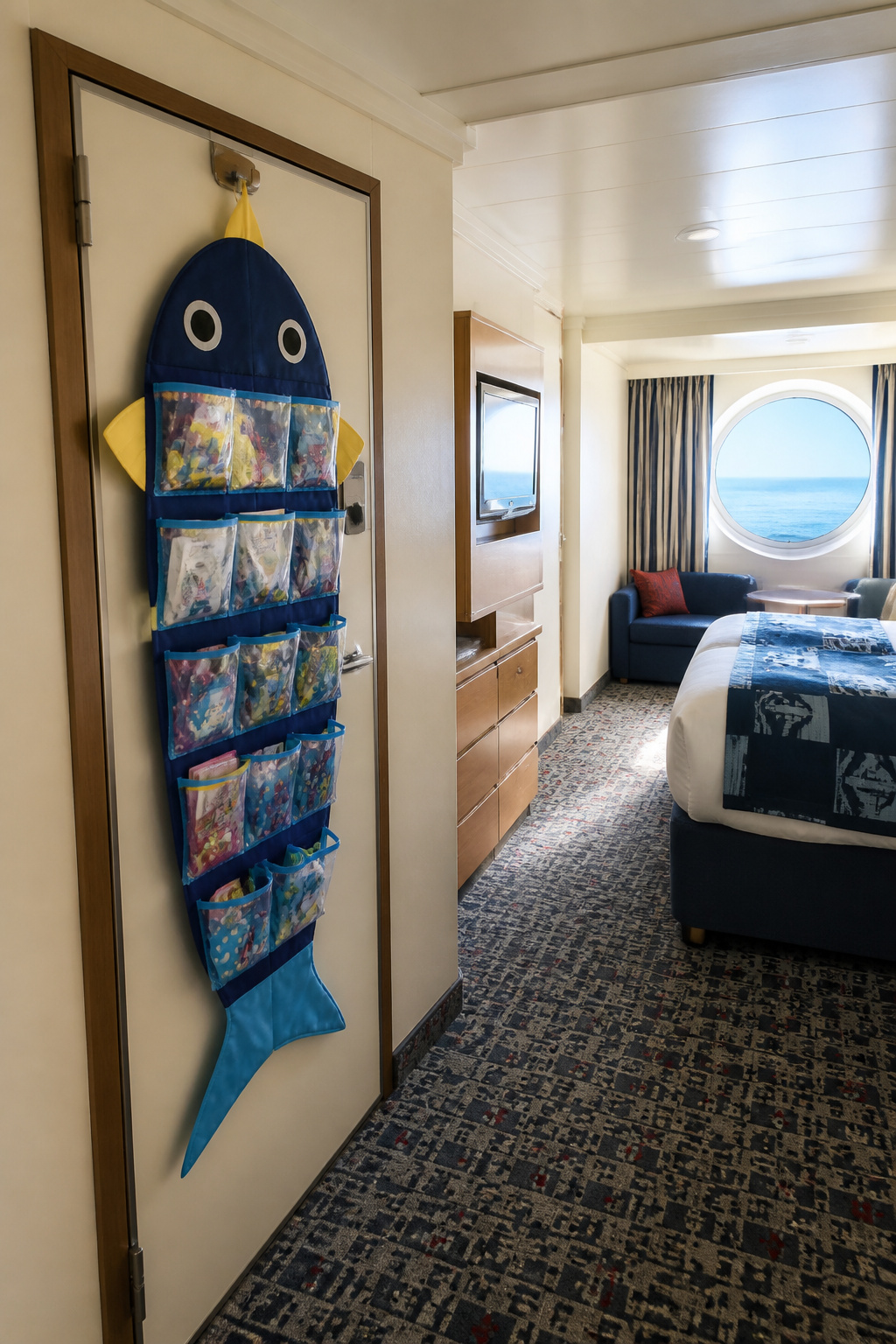 A fabric organizer with pockets hanging on a fish-shaped hook.