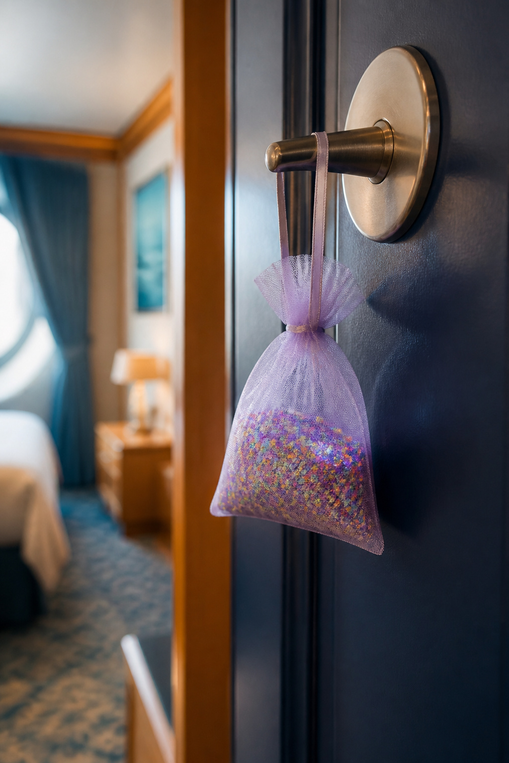 A small gift bag filled with pixie dust hanging on a door hook.