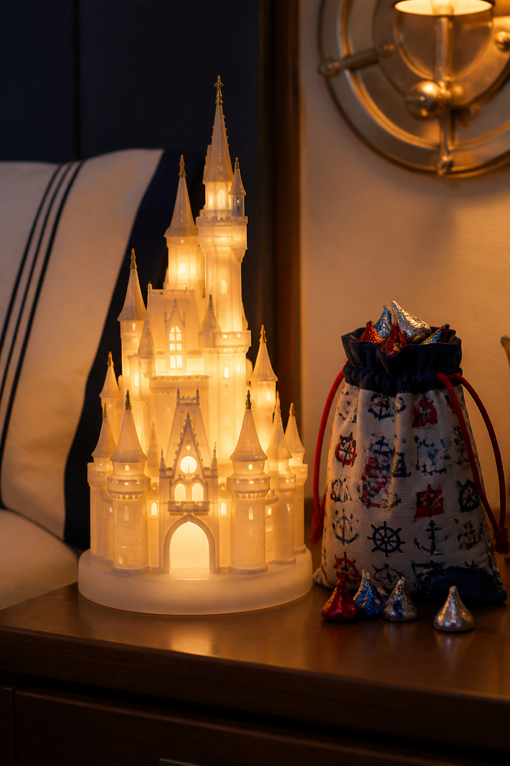 A night light shaped like a Disney castle and a bag of Hershey Kisses.
