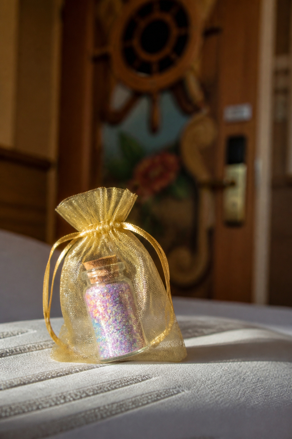 Small vials of glitter, resembling pixie dust, in gold pouches.