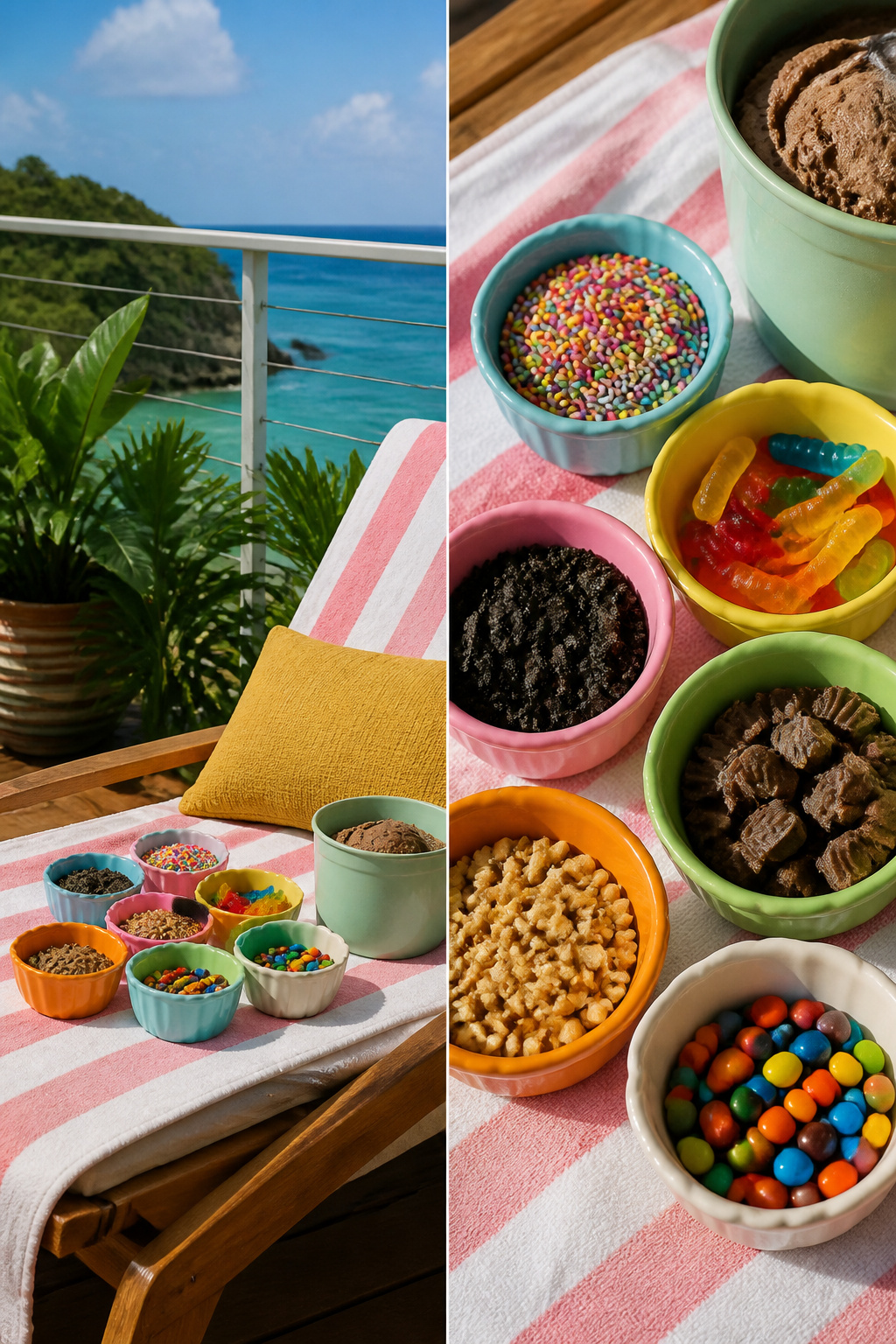 Colorful melamine bowls filled with various ice cream toppings.