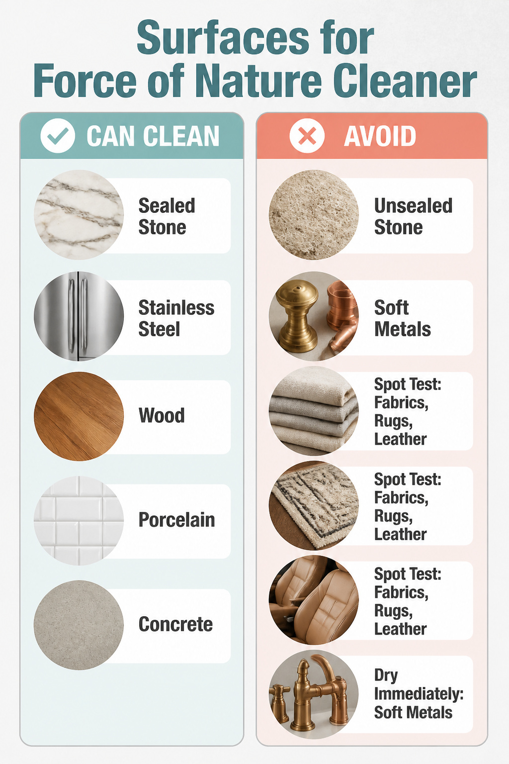 Information image displaying surfaces safe for Force of Nature cleaner.