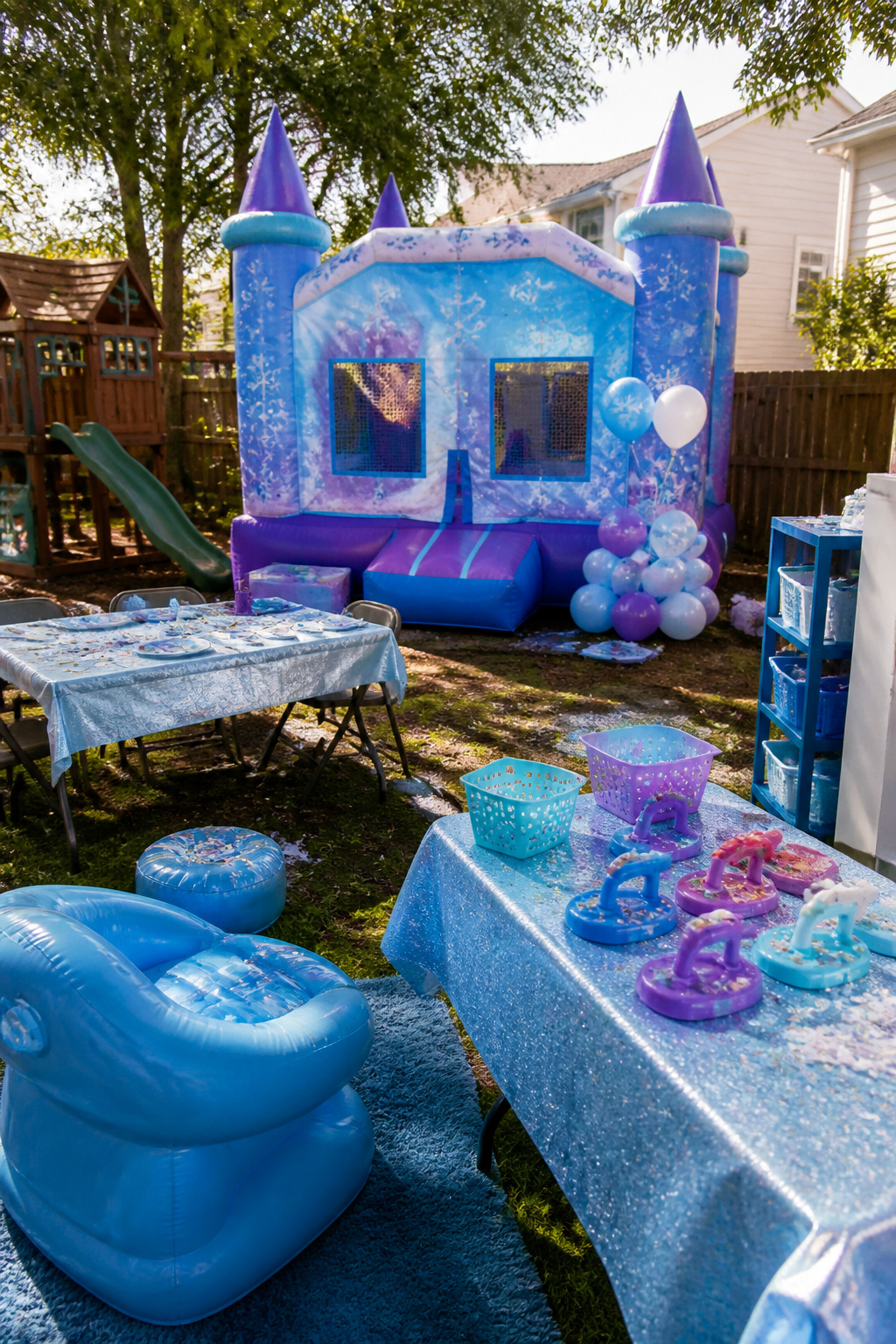 A Frozen bounce house set up in a playful party environment.